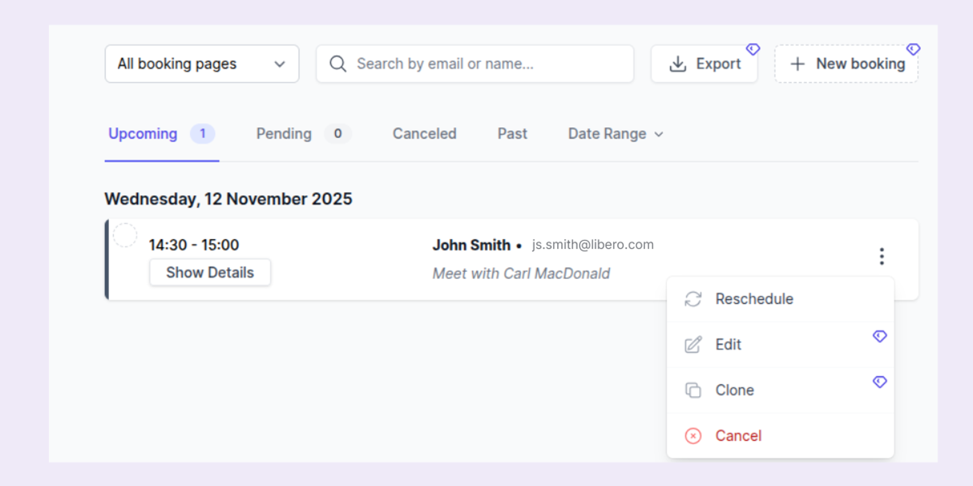 Screenshot of Koalendar reschedule appointment feature in dashboard